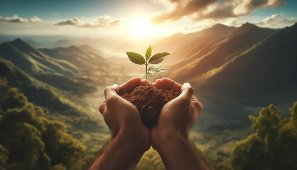 An image of multiple human hands holding a small plant with soil around its roots symbolizing growth and care. The background should be a beautiful b