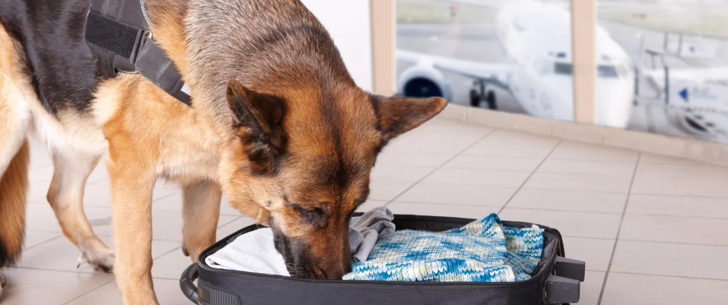 Ein Deutscher Schäferhund schnüffelt an einem Koffer und erkundet neugierig dessen Inhalt.